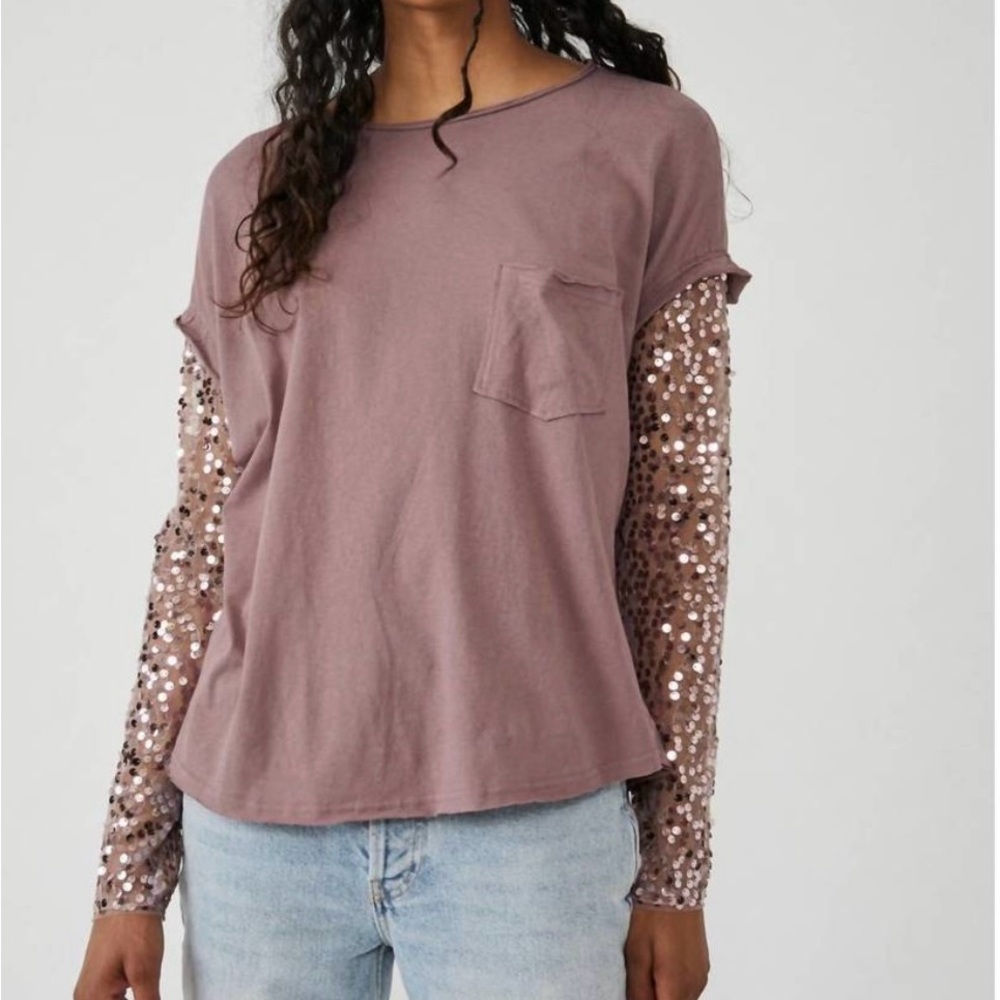 Free people long sleeve glitter tee in lavender shadows